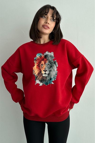 zunop Women's Red Lion Printed Oversize Sweatshirt