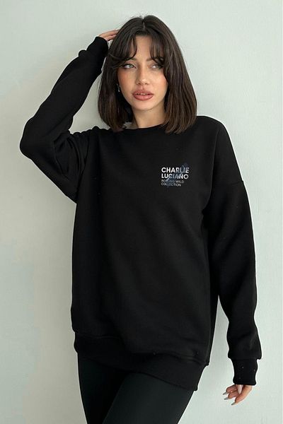zunop Women's Black Charlie Luciano Printed Oversize Hooded Sweatshirt