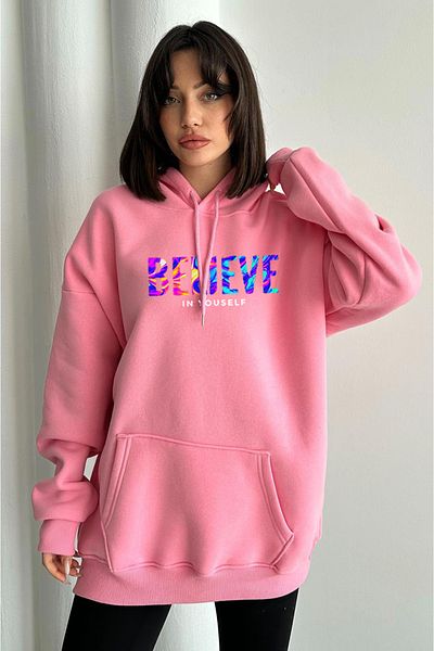 zunop Women's Pink Color Believe Printed Oversize Hooded Sweatshirt