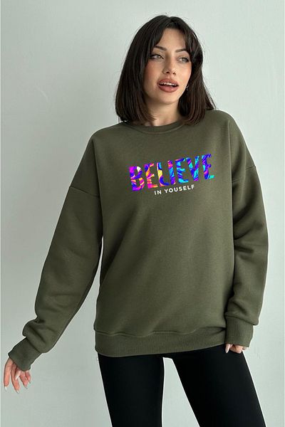 zunop Women's Khaki Color Believe Printed Oversize Hooded Sweatshirt