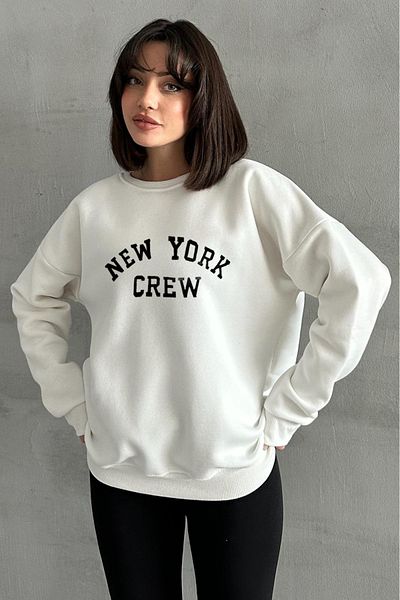 zunop Γυναικεία κρεμ φούτερ New York Crew με στάμπα Oversize Crew Neck