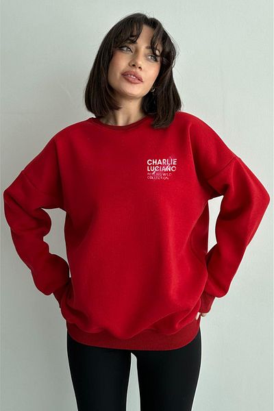 zunop Women's Red Charlie Luciano Printed Oversize Hooded Sweatshirt