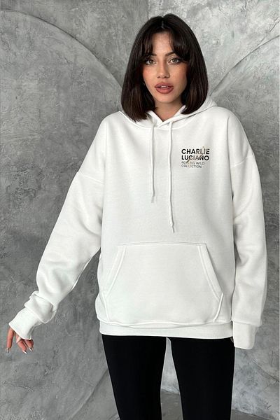 zunop Γυναικεία κρέμα Charlie Luciano με στάμπα oversize φούτερ με κουκούλα