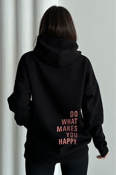 zunop Women's Black Do What Makes You Happy Printed Oversize Hooded Sweatshirt
