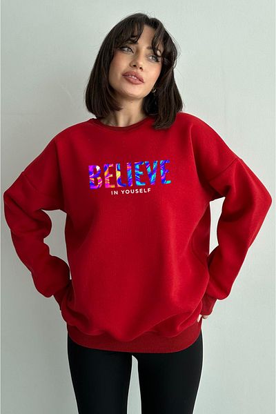 zunop Women's Red Color Believe Printed Oversize Hooded Sweatshirt