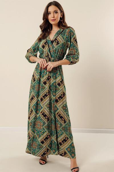 By Saygı Double Breasted Collar Hole Business Detail Kilim Patterned Bermando Viscose Long Dress