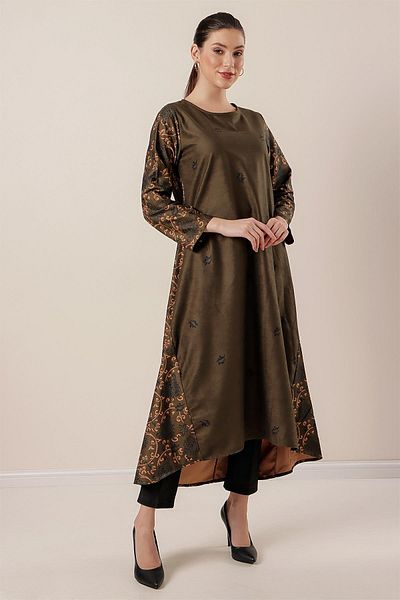 By Saygı Short Front Long Back Print Oversize Sanding Suede Dress