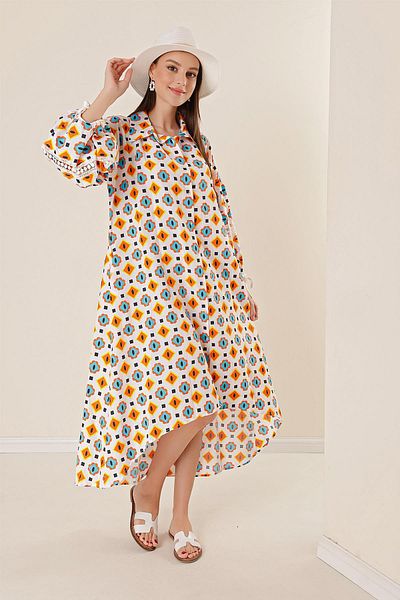 By Saygı Oversize Long Viscose Dress with Front Short Back Long Geometric Print Sleeve Detail