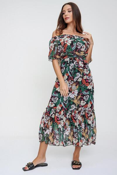 By Saygı Collar Ruffle Floral Print Lined Chiffon Dress with Belted Waist