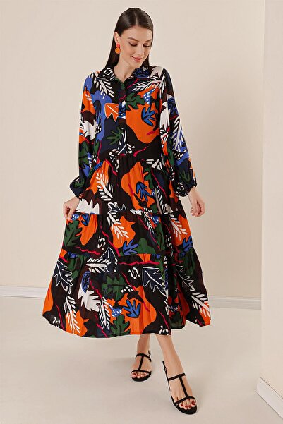 By Saygı Front Half Button Mixed Print Oversize Long Viscose Dress with Pockets