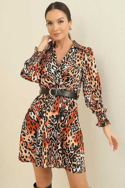 By Saygı Rochie din satin cu model de leopard, guler polo, căptușită cu centură în talie