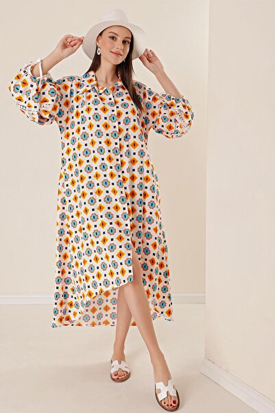 By Saygı Oversize Long Viscose Dress with Front Short Back Long Geometric Print Sleeve Detail