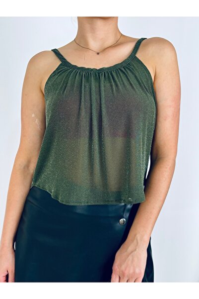 Yasminyes Özeldikim Yeşil askılı büzgülü bluz