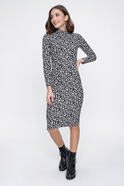 By Saygı Turtleneck Back Drawstring Patterned Sanded Suede Dress