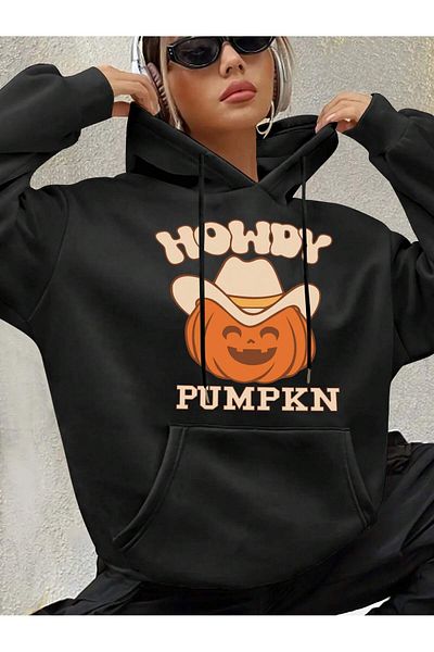 Pink Sky Unisex Oversize φούτερ αποκριών με μοτίβο κολοκύθας - 1 κουκούλα
