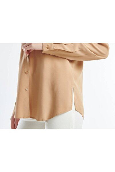 United Colors of Benetton Γυναικείο μπεζ 100% παχύρρευστο πουκάμισο με στρογγυλή κοπή