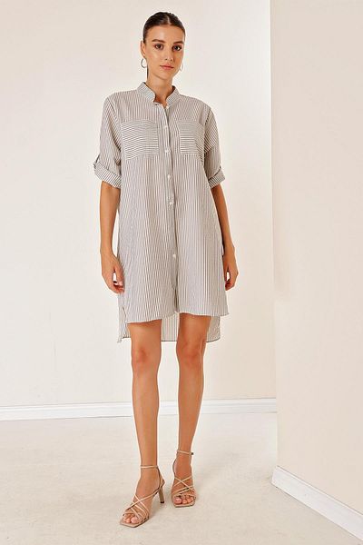 By Saygı Double Pocket Front Short Back Long Neck Striped Short Sleeve Seersucker Dress