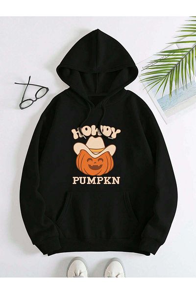 Pink Sky Unisex Oversize φούτερ αποκριών με μοτίβο κολοκύθας - 1 κουκούλα