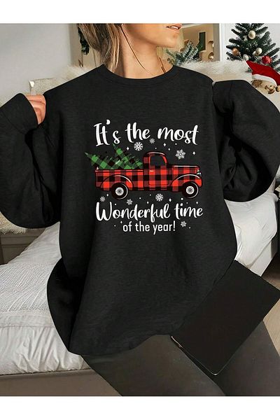 Pink Sky Its the Most Wonderful Time Christmas Front Printed Black Oversize Hoodie Sweatshirt6
