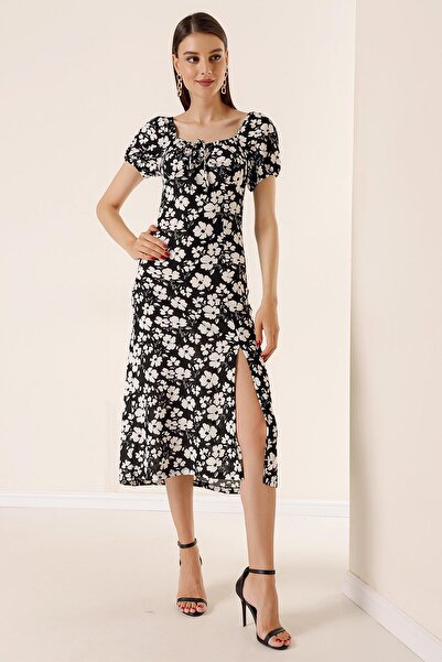 By Saygı Floral Print Seersucker Dress with Elastic Sleeves and Neckline Lace Front Slit