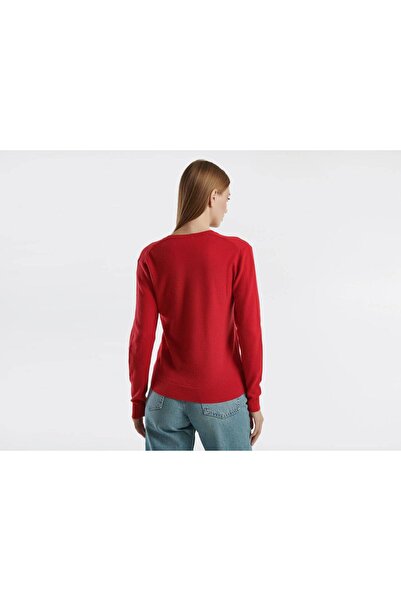 United Colors of Benetton Women's Red V-Neck 100% Merino Sweater