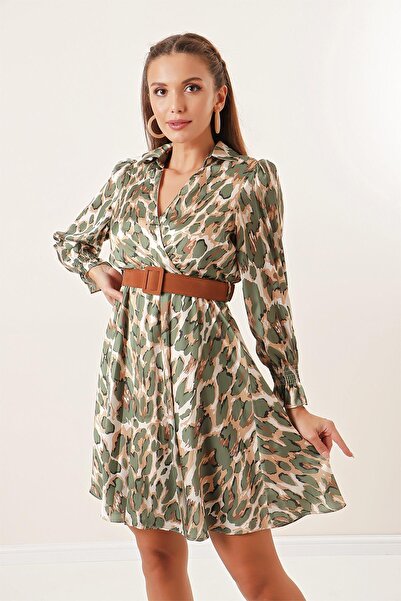 By Saygı Double-Breasted Neckline Leopard Print Lined Satin Dress with Waist Belt