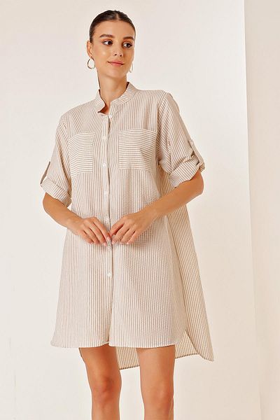 By Saygı Double Pocket Front Short Back Long Neck Striped Short Sleeve Seersucker Dress