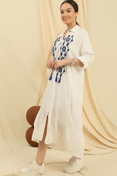 By Saygı Oversize Viscose Long Dress with Buttoned Front and Evil Eye Embroidery Sleeves and Folds