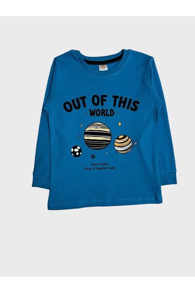 elmas kids Erkek Çocuk %100 Pamuklu Mavi Gezegen Uzay Yıldız Desenli Uzun Kollu Kışlık Pijama Takımı