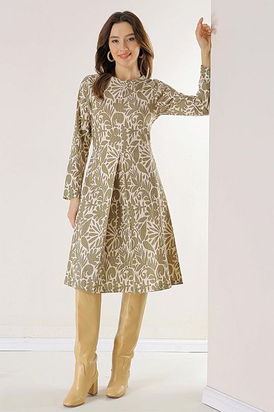 By Saygı Mixed Patterned Fakir Sleeve Single Pleat Woven Lycra Viscose Dress