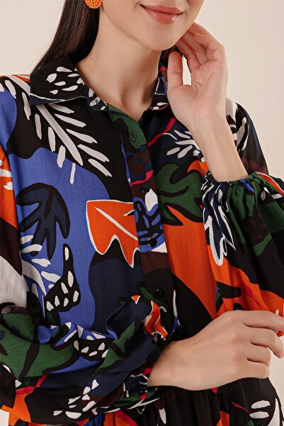 By Saygı Front Half Button Mixed Print Oversize Long Viscose Dress with Pockets