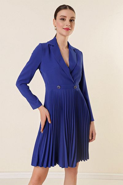 By Saygı Double Breasted Neckline Button Detail Pleated Long Sleeve Dress