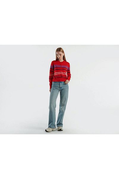 United Colors of Benetton Women's Red 100% Cotton Striped Cardigan with Logo Detail on the Back and Buttoned Front