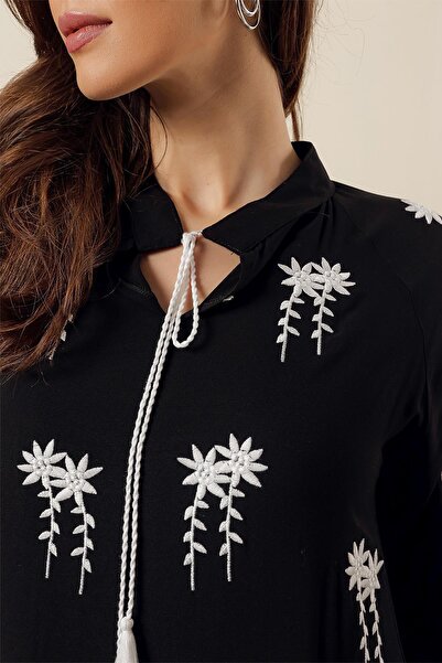 By Saygı Relaxed Fit Long Viscose Dress with Lace-Up Collar Floral Embroidery Sleeves Elastic