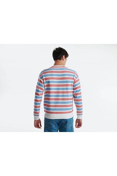 United Colors of Benetton Erkek Beyaz Mix Pamuk Karışımlı Göğsü Logo Detaylı Şerit Desenli Sweatshirt