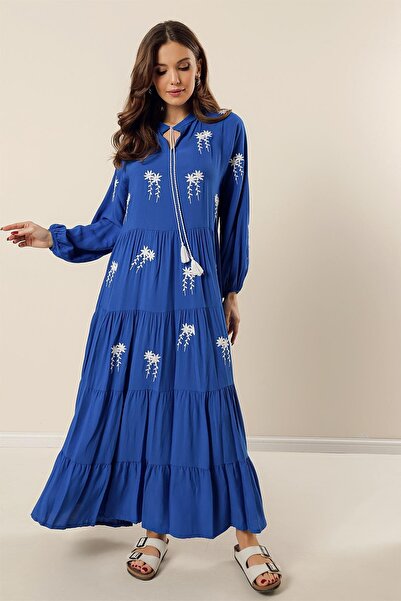 By Saygı فستان طويل من الفسكوز بأكمام مطاطية ومطرز بالزهور