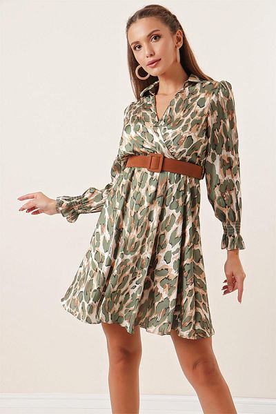 By Saygı Double-Breasted Neckline Leopard Print Lined Satin Dress with Waist Belt