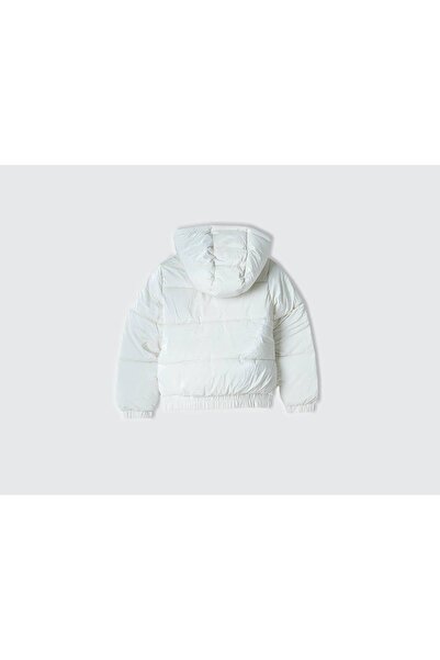 United Colors of Benetton Girl's Cream Quilted Front Zipper Closure Faux Feather Jacket