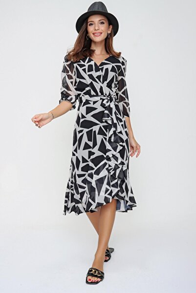 By Saygı Double Breasted Neckline Geometric Print Flounce Detail Lined Chiffon Dress
