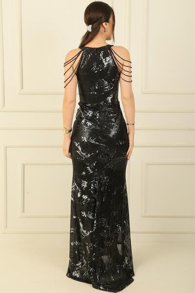 By Saygı Halter Collar Sleeve Sequential Bead Detailed Pulpayet Fish Dress