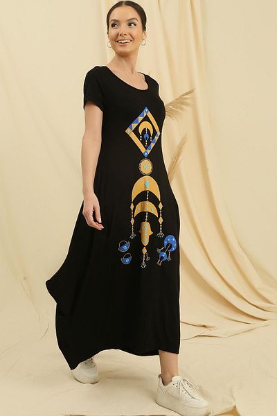 By Saygı Short Sleeve Oversize Turned Viscose Dress with Printed Front Pockets
