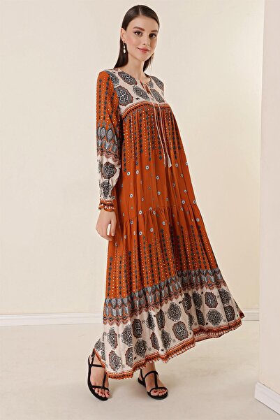 By Saygı Patterned Long Dress with Lace-Up Collar
