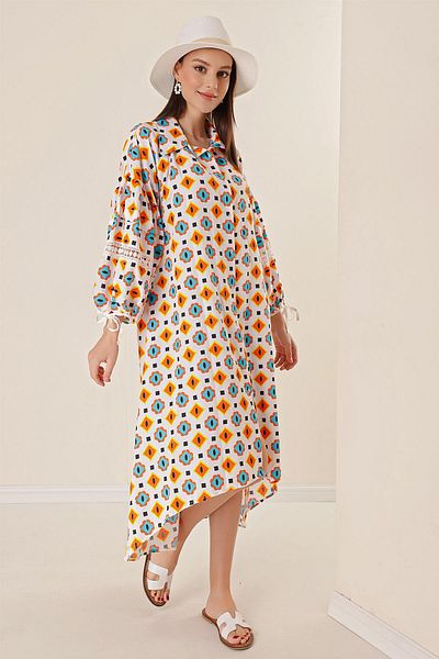 By Saygı Oversize Long Viscose Dress with Front Short Back Long Geometric Print Sleeve Detail