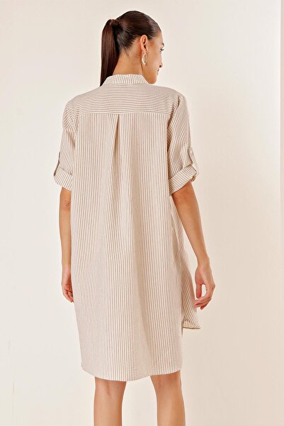 By Saygı Double Pocket Front Short Back Long Neck Striped Short Sleeve Seersucker Dress