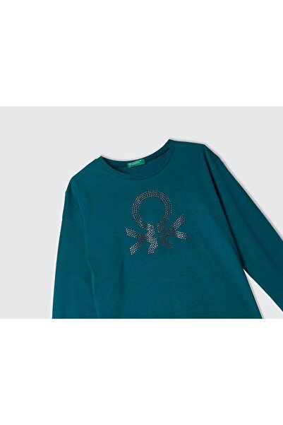 United Colors of Benetton Μακρυμάνικο μπλουζάκι με λαιμόκοψη για κορίτσια με φωτεινό μπροστινό λογότυπο με πράσινο πεύκο