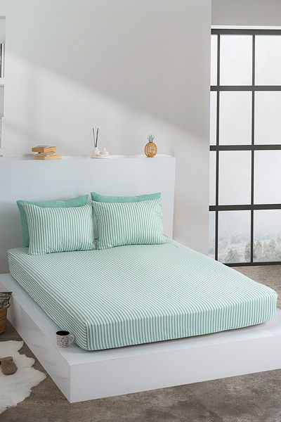 KetraHome Single Green Striped Elastic Sheet Set Cotton 100 X 200 cm Pillow Case 50 X70 cm
