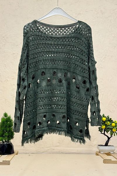 sahnemoda Pulover ajurat cu ciucuri cu gât barcă
