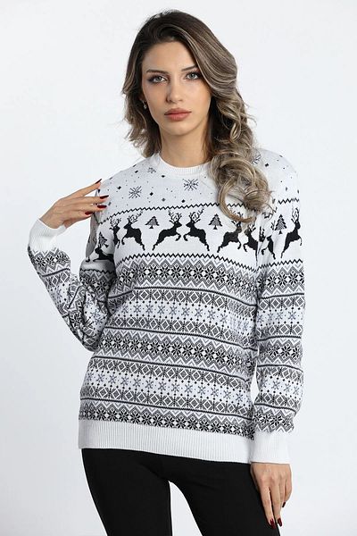 GÜLSELİ Dear Deer, cu model, decolteu, alb, tricotaj pentru femei, pulover - combinație de cupluri produs unic