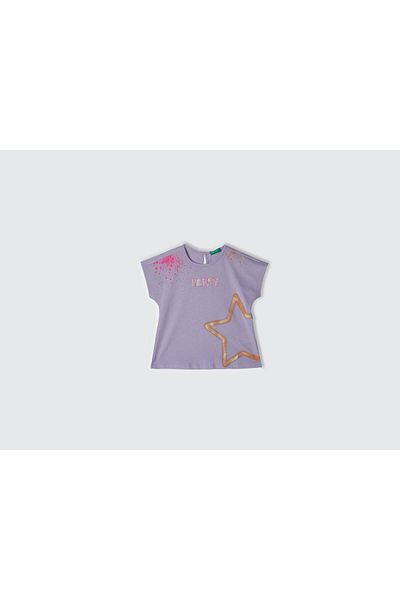 United Colors of Benetton Girls' Lilac Front Glitter Water Print Short Sleeve T-Shirt with Drop Back Detail