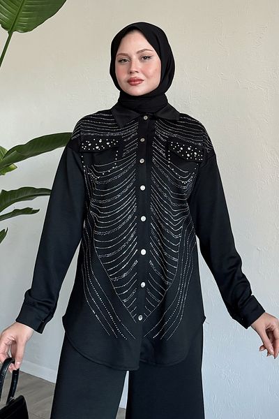InStyle طقم مكون من قطعتين باللون الأسود مزين بالأحجار واللؤلؤ